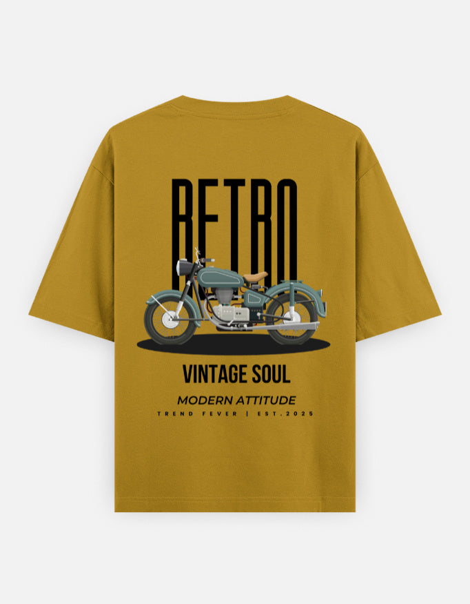 Golden Yellow Retro Vintage Motorcycle Graphic Oversized T-Shirt by Trend Fever featuring premium 240 GSM cotton and oversized streetwear fit.