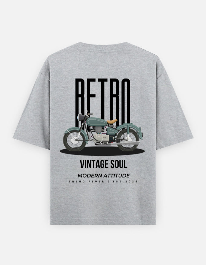 Grey Retro Vintage Motorcycle Oversized Cotton T-Shirt by Trend Fever with a vintage motorcycle back graphic for streetwear fashion.
