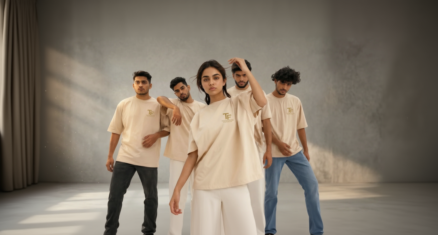 Group of people wearing beige t-shirts with a logo, standing against a neutral background.