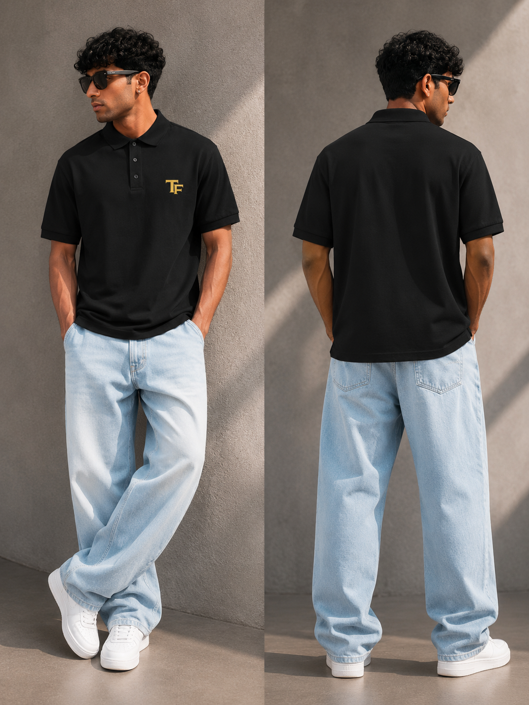 A man modeling a Trend Fever black short-sleeve polo shirt with a small yellow embroidered logo on the left chest, paired with light-wash jeans and white sneakers, shown in front and back views against a textured gray wall.