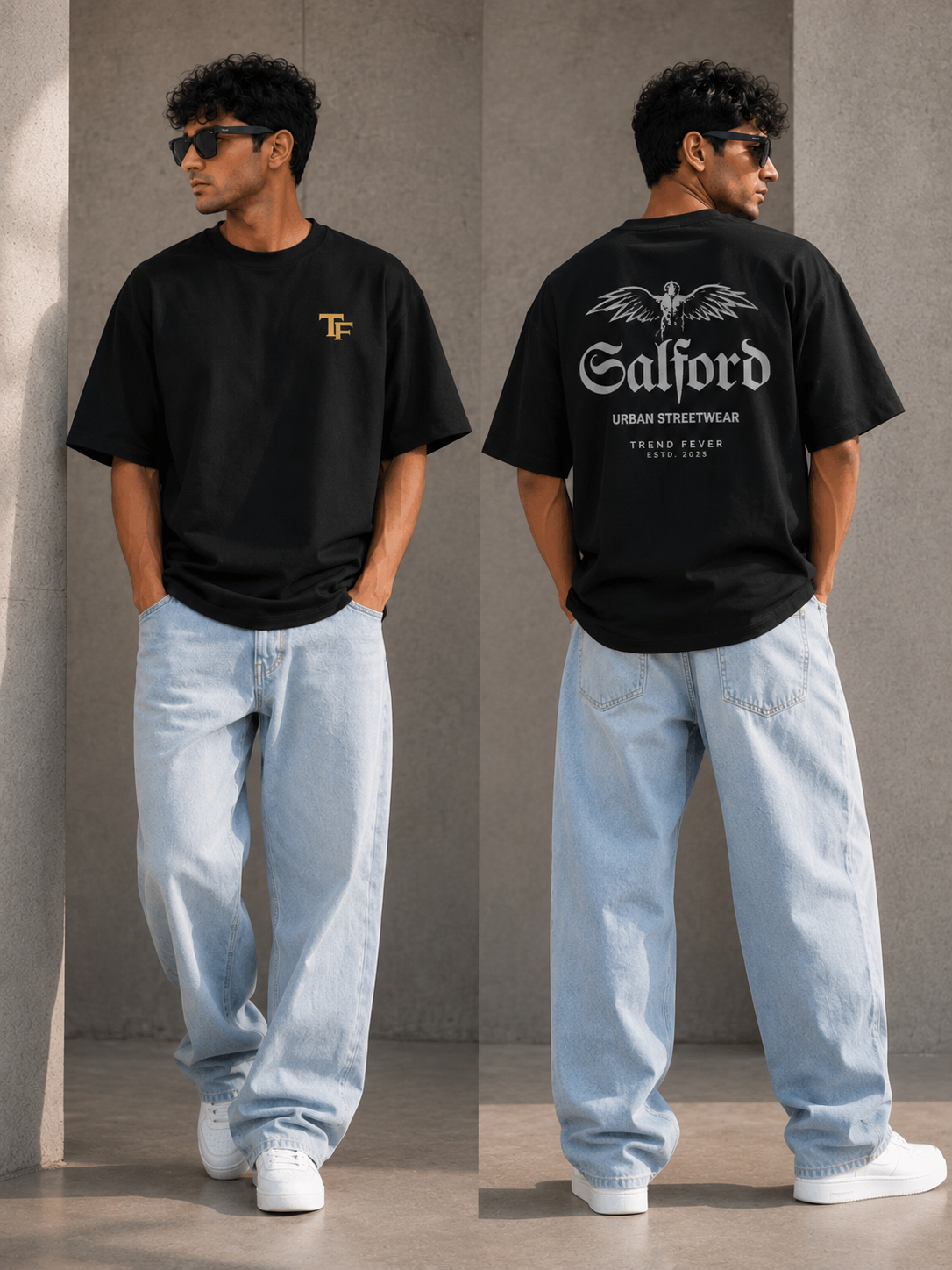 A man modeling a black oversized T-shirt shown from both front and back against a concrete wall. The front has a small gold chest logo, and the back has a large white graphic reading 'Galford' with smaller text below.