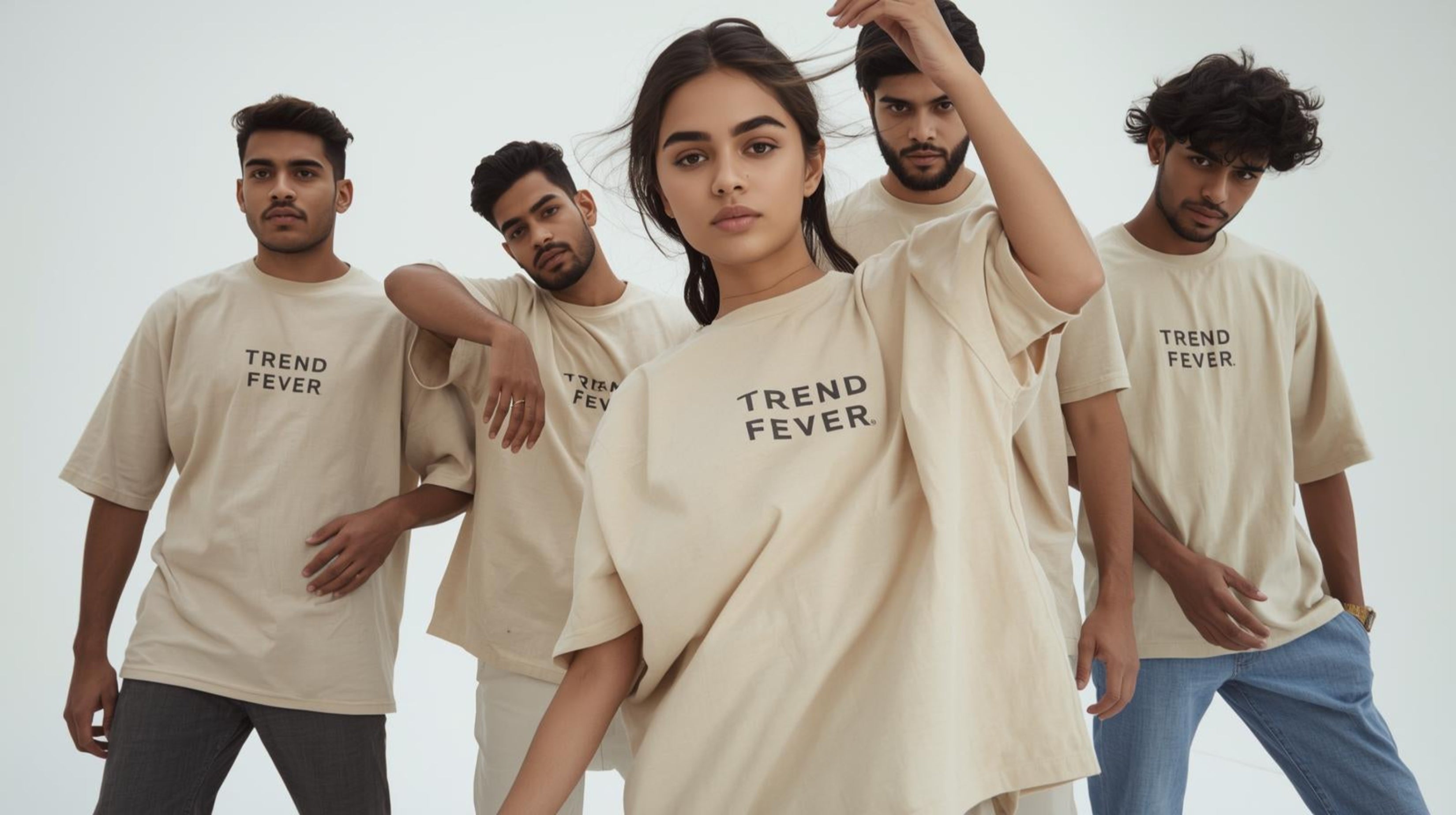 Group of people wearing 'Trend Fever' t-shirts on a plain background