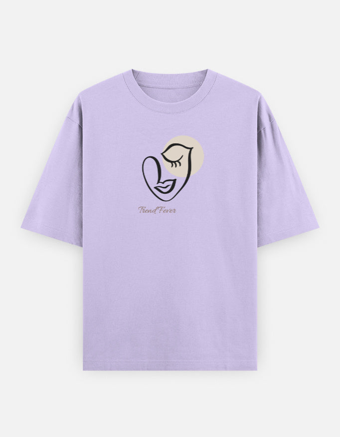 Lavender Trend Fever Élan Face oversized T-shirt with black line-art graphic and subtle champagne accent