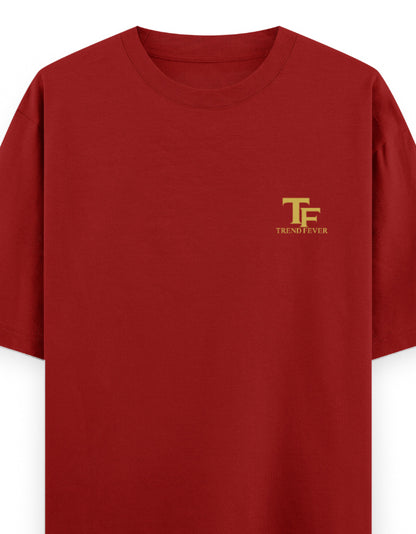 Red oversized streetwear t-shirt with yellow TF Trend Fever logo on left chest