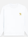 A white crewneck sweatshirt with a small gold 'TF' logo printed on the left chest, shown against a light gray background.