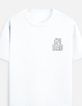 A white short-sleeve crewneck t-shirt featuring a small black outline graphic on the left chest that reads '#1 DAD' by TREND FEVER 
