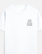 A white short-sleeve crewneck t-shirt featuring a small black outline graphic on the left chest that reads '#1 DAD' by TREND FEVER 