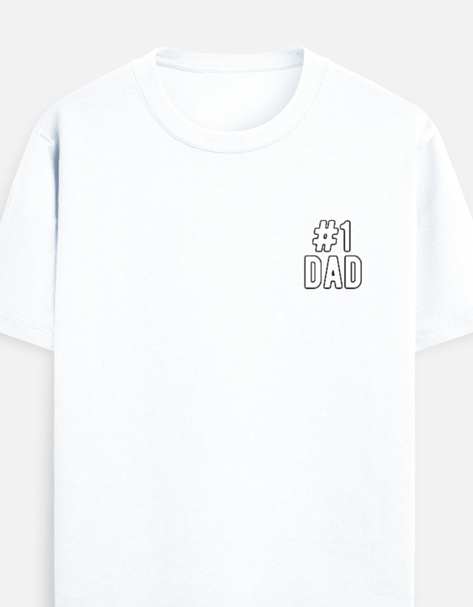 A white short-sleeve crewneck t-shirt featuring a small black outline graphic on the left chest that reads '#1 DAD' by TREND FEVER 