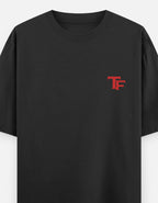 Black t-shirt with a red 'Aura' logo on a white background