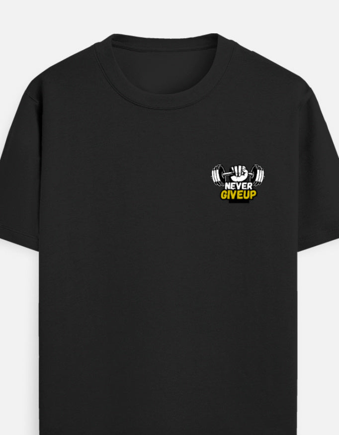 A BLACK short-sleeve crewneck t-shirt featuring a small graphic on the left chest with a barbell, a clenched fist, and the text 'NEVER GIVE UP' in yellow and black by TREND FEVER
