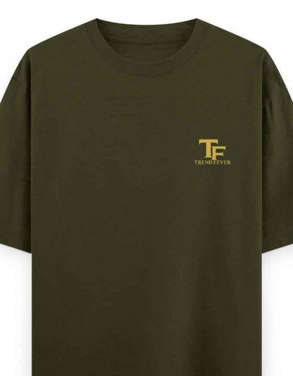Olive green oversized t-shirt with yellow TF Trend Fever logo on left chest