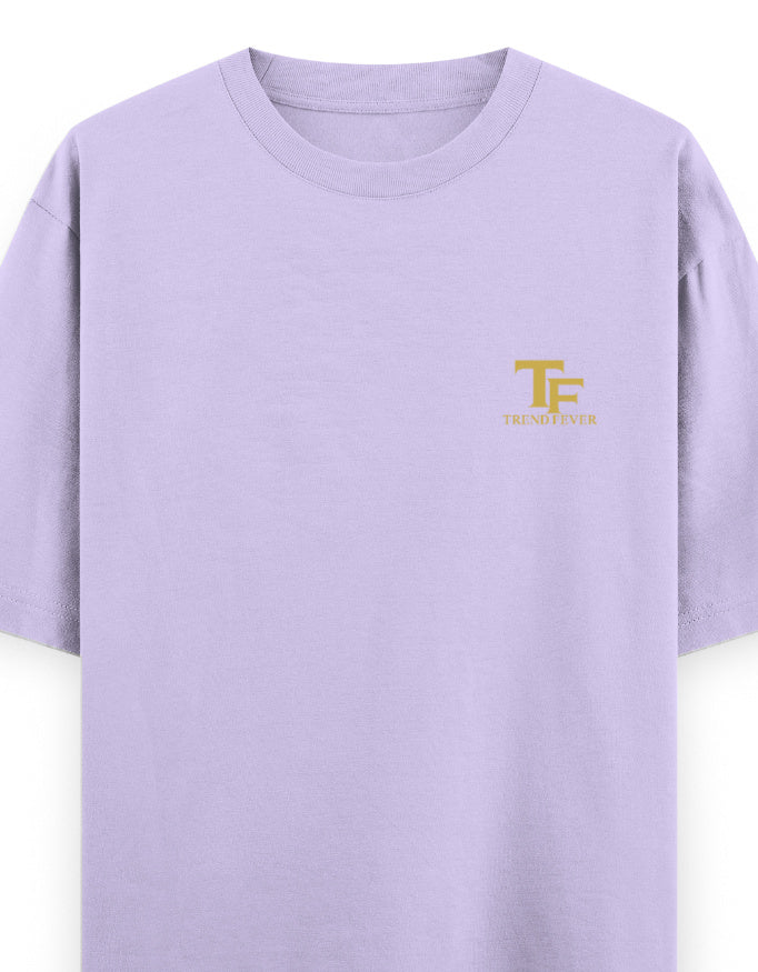 Lavender oversized t-shirt with yellow TF Trend Fever logo on left chest