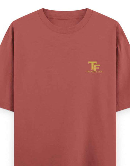 Rust red oversized streetwear t-shirt with yellow TF Trend Fever logo on chest