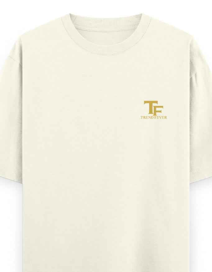 Oversized off-white streetwear t-shirt with gold TF logo on left chest