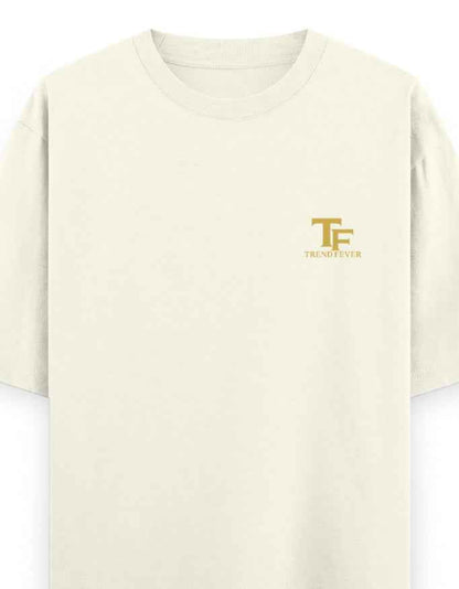 Oversized off-white streetwear t-shirt with gold TF logo on left chest