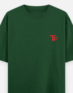 Black t-shirt with a red and black Trend Fever logo on a white background