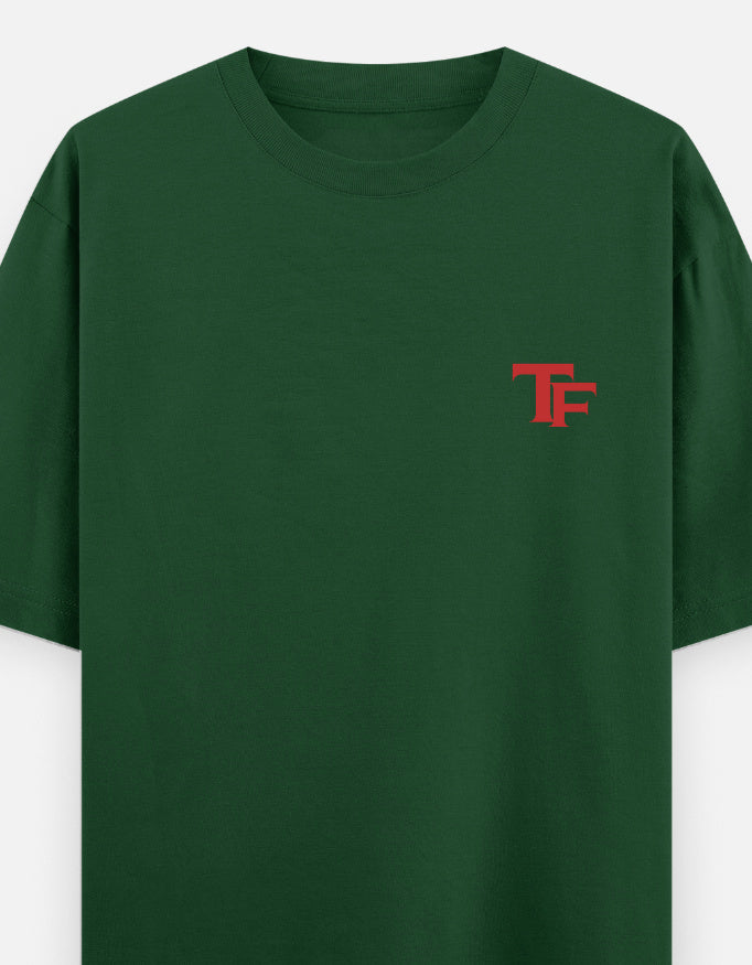 Black t-shirt with a red and black Trend Fever logo on a white background