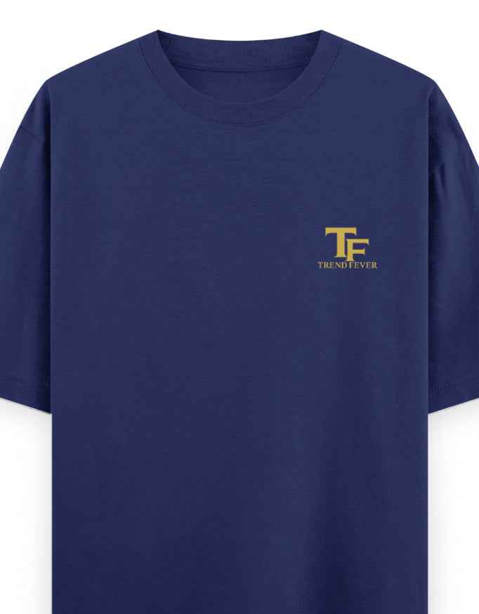 Navy blue oversized t-shirt with yellow 'TF Trend Fever' logo on left chest