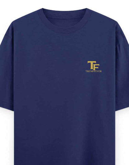Navy blue oversized t-shirt with yellow 'TF Trend Fever' logo on left chest