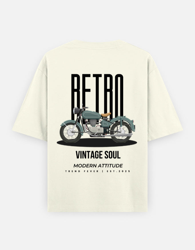 Off White Retro Vintage Motorcycle Oversized T-Shirt for men and women by Trend Fever with premium vintage motorcycle graphic print.