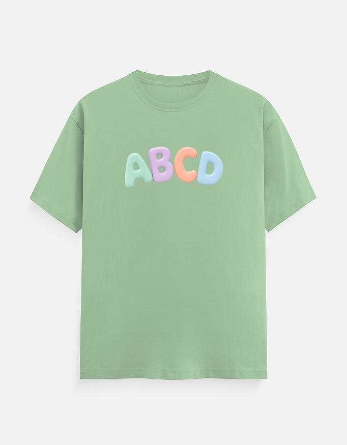 Premium children's casual t-shirt with colorful alphabet print in soft pastel blue by Trend Fever.