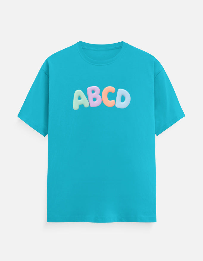 Premium pastel blue kids crew neck t-shirt with colorful ABC graphic by Trend Fever.
