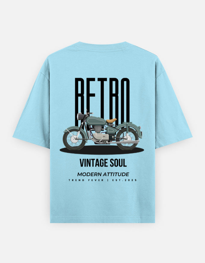 Sky Blue Retro Vintage Motorcycle Graphic Oversized T-Shirt by Trend Fever with heavyweight 240 GSM cotton and relaxed fit.