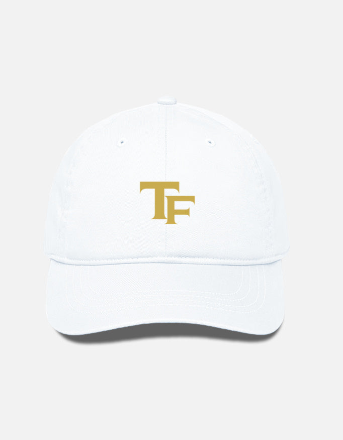 A white baseball cap with a gold embroidered 'TF - Trend Fever' logo on the front, shown against a light gray background.