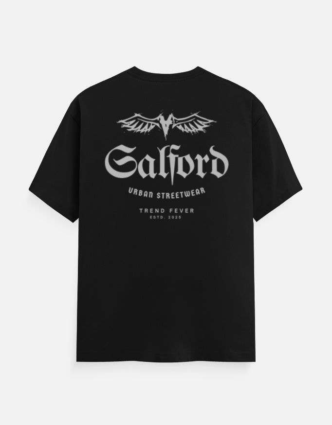 Black t-shirt with 'SALFORD!' TREND FEVER text on a white background