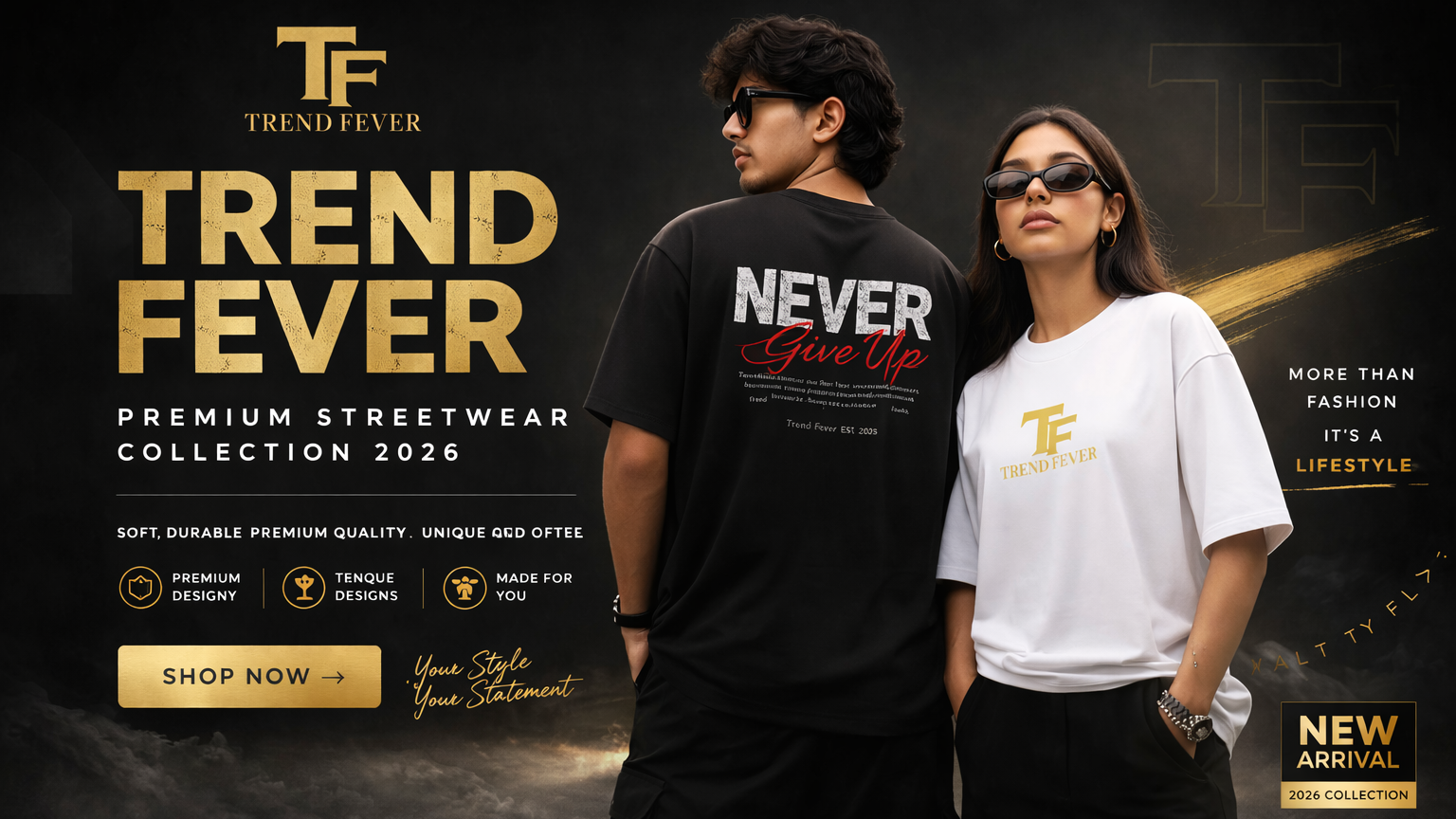 Two people wearing Trend Fever streetwear with promotional text on a dark background