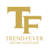 A gold logo featuring interlocking stylized letters 'T' and 'F' above the text 'TREND FEVER' and the tagline 'DEFINE YOUR EDGE' on a solid black background.