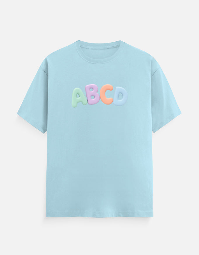 Trend Fever ABC kids cotton t-shirt in pastel blue with colorful alphabet graphic print, soft, breathable fabric for boys, girls and adults.