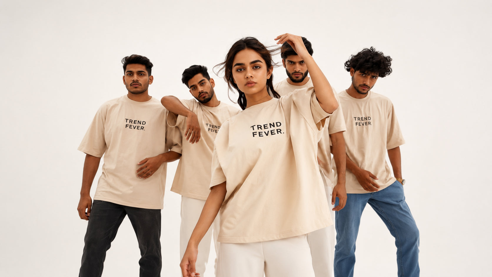 Group of people wearing 'Trend Fever' t-shirts on a white background