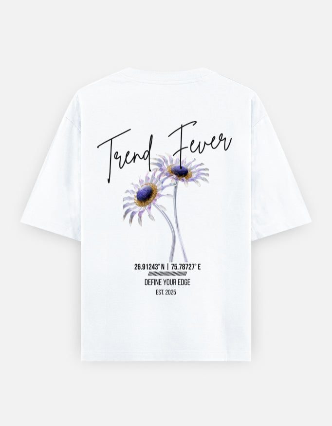 Trend Fever White Floral Oversized T-Shirt – Premium 240 GSM Cotton Streetwear with Luxury Floral Back Print and Define Your Edge Graphic