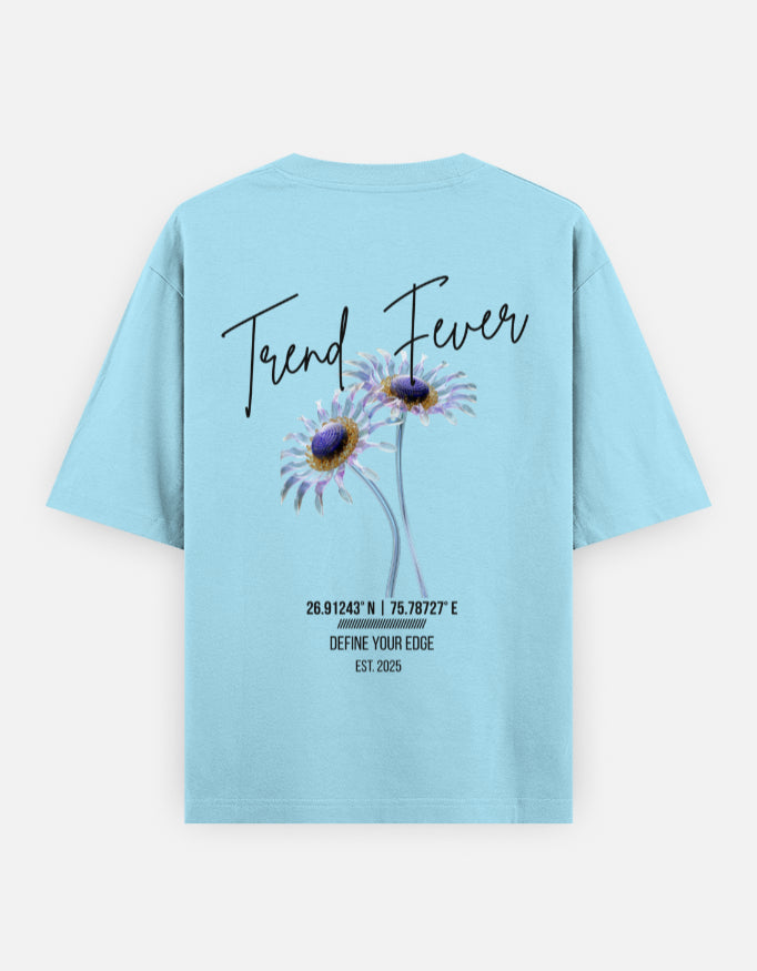 Trend Fever Sky Blue Floral Oversized T-Shirt – Premium 240 GSM Cotton Unisex Streetwear with Luxury Floral Artwork Back Print