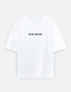 Trend Fever White Oversized T-Shirt Front View – Premium 240 GSM Cotton Streetwear with Minimal Define Your Edge Chest Print
