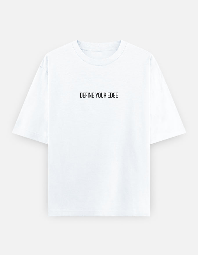 Trend Fever White Oversized T-Shirt Front View – Premium 240 GSM Cotton Streetwear with Minimal Define Your Edge Chest Print