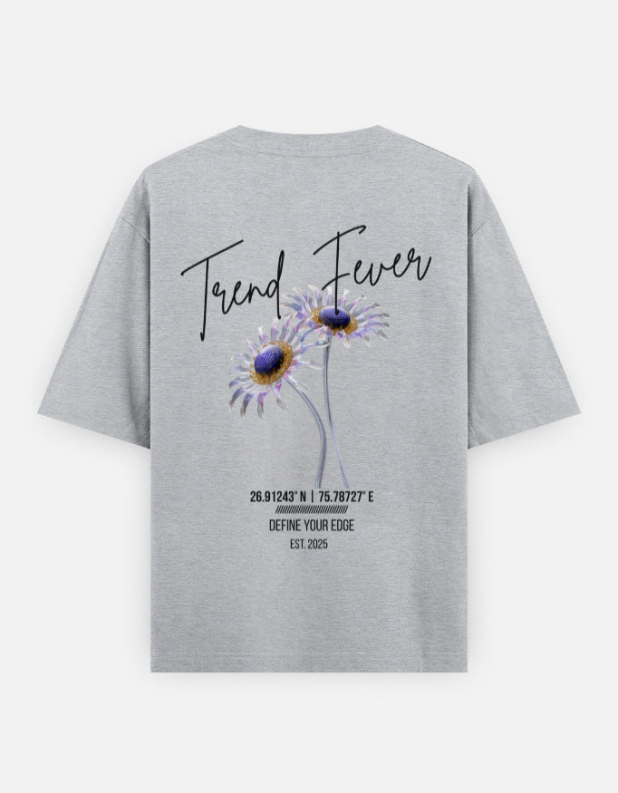Trend Fever Grey Melange Floral Oversized T-Shirt – Premium 240 GSM Cotton Unisex Streetwear with Artistic Daisy Graphic Back Print