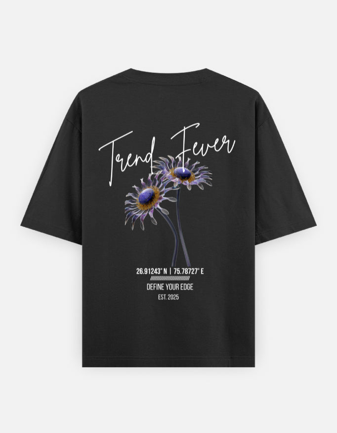 Trend Fever Black Floral Oversized T-Shirt for Men & Women – Premium 240 GSM Cotton Streetwear Tee with Artistic Daisy Back Print, Define Your Edge Graphic