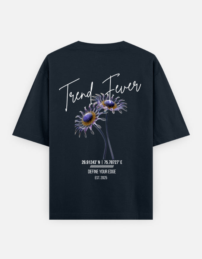 Trend Fever Navy Blue Floral Oversized T-Shirt – Premium 240 GSM Cotton Unisex Streetwear Tee with Luxury Floral Graphic Back Print