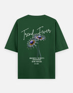 Trend Fever Bottle Green Floral Oversized T-Shirt – Heavyweight 240 GSM Cotton Unisex Streetwear with Artistic Daisy Back Graphic