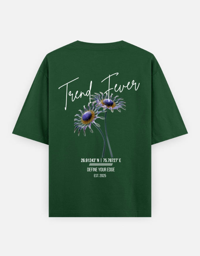 Trend Fever Bottle Green Floral Oversized T-Shirt – Heavyweight 240 GSM Cotton Unisex Streetwear with Artistic Daisy Back Graphic