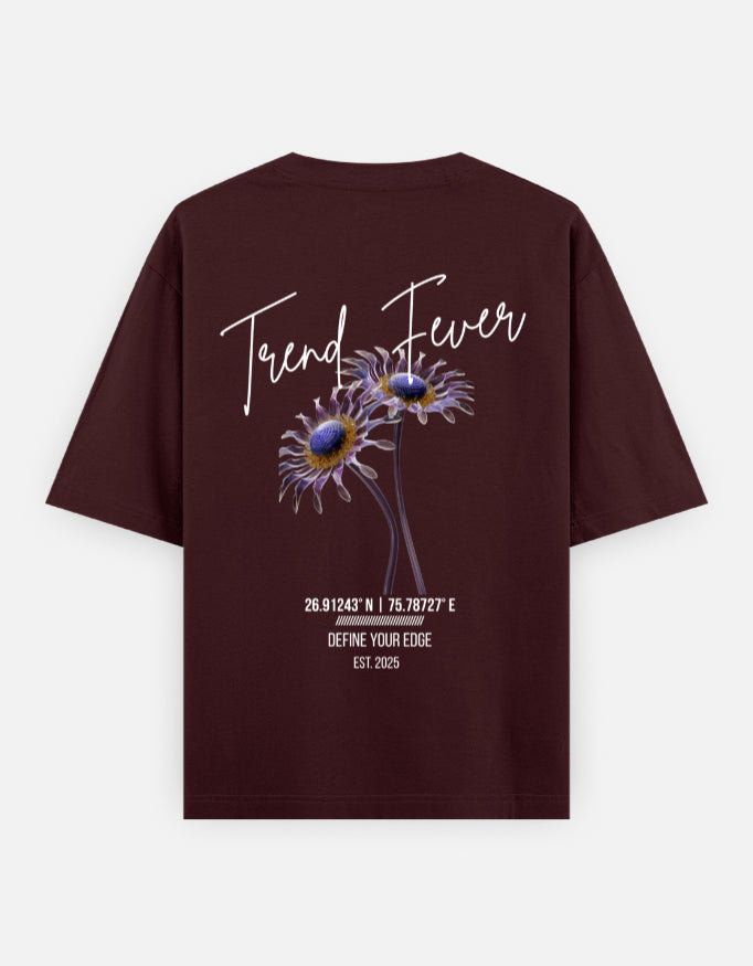 Trend Fever Rust Red Floral Oversized T-Shirt – Premium 240 GSM Cotton Streetwear with Artistic Daisy Back Print for Men & Women
