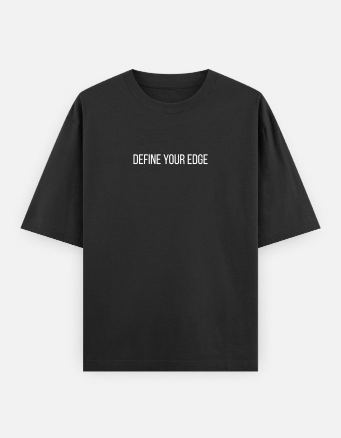 Trend Fever Black Oversized T-Shirt Front View – Premium 240 GSM Cotton Unisex Streetwear with Minimal Define Your Edge Chest Print