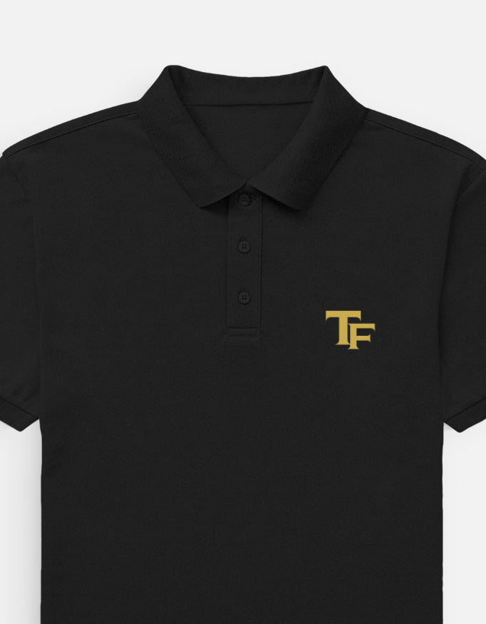 Trend Fever premium black polo T-shirt with minimal TF logo in 100% cotton 220 GSM Airtex fabric