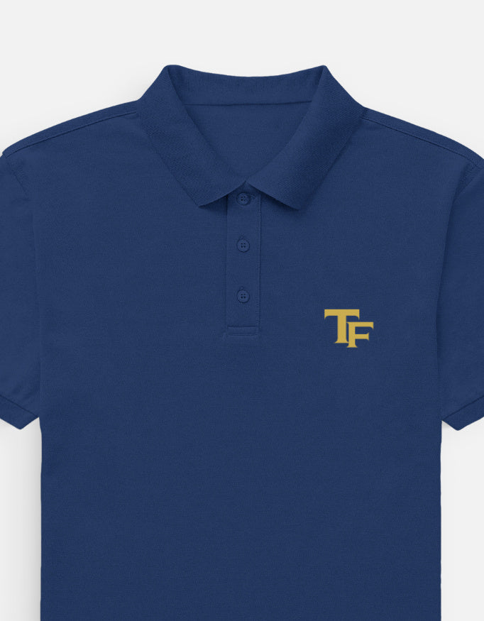 Trend Fever royal blue premium cotton polo T-shirt with minimal TF chest logo