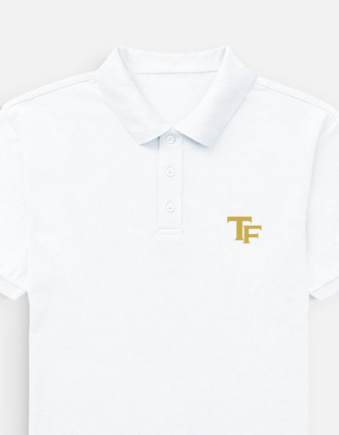Trend Fever white premium cotton Airtex polo T-shirt with minimal TF logo