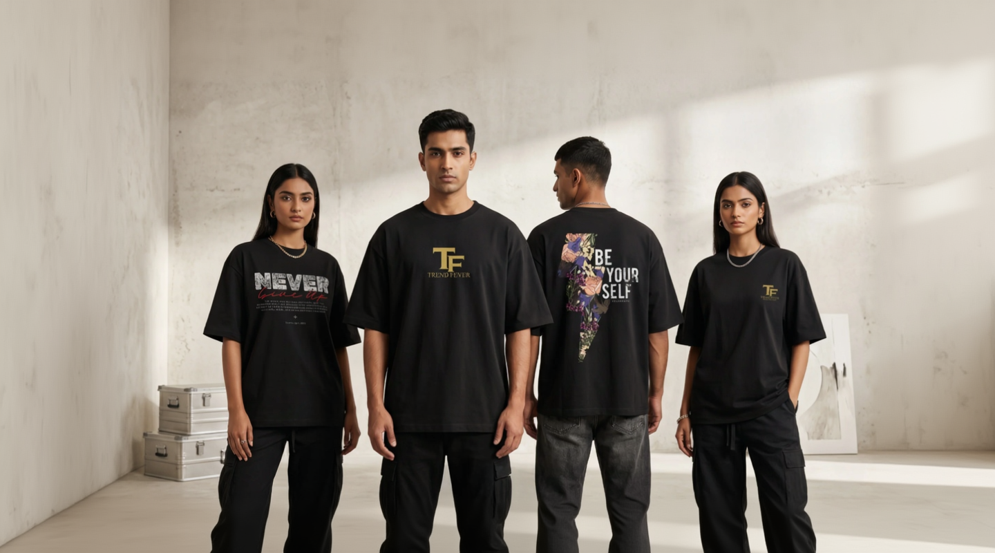 Four individuals wearing black t-shirts with various designs in a neutral setting