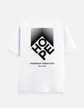 White short-sleeve t-shirt with a black graphic print on the back, featuring a large stylized 'HOWP' logo and the text 'POWERED BY TREND FEVER' and 'ESTD. 2025'.