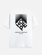White short-sleeve t-shirt with a black graphic print on the back, featuring a large stylized 'HOWP' logo and the text 'POWERED BY TREND FEVER' and 'ESTD. 2025'.
